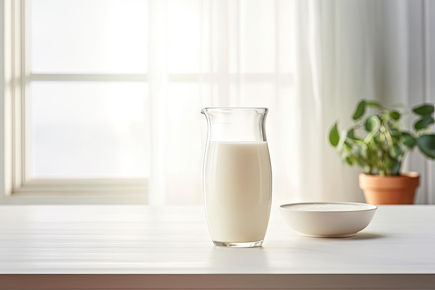 Mleko śniadaniowe podawane w szklance na białym stole kuchennym Widok z przodu