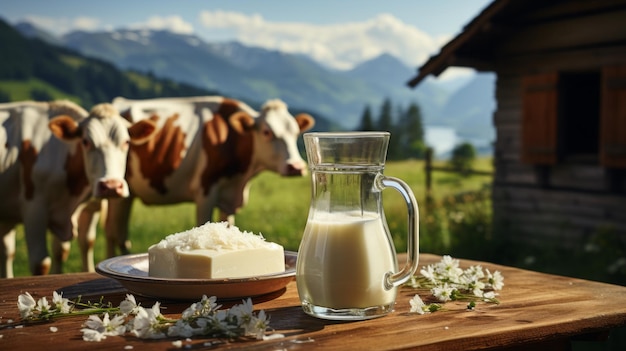 Mleko w butelce na drewnianej platformie tło dwie krowy na zielonym polu