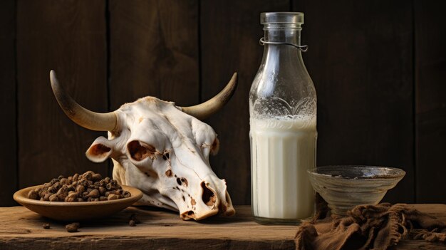 Zdjęcie mleko z krowiej czaszki i nasiona na drewnianym tle