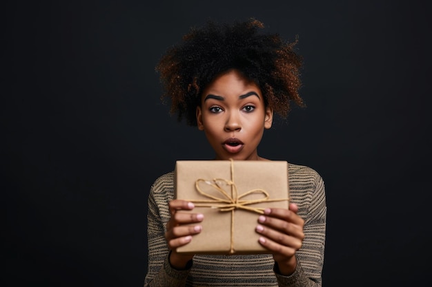 Młoda Afroamerykanka trzyma pudełko z prezentami na czarnym tle
