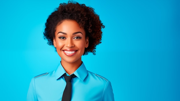 Młoda afroamerykańska bizneswoman w mundurze na niebieskim tle