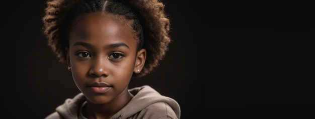 Młoda afroamerykańska dziewczyna odizolowana na ciemno-brązowym tle z przestrzenią do kopiowania