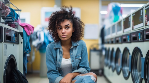 Młoda afroamerykańska kobieta czekająca w pralni.