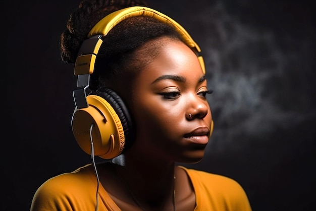 Młoda afroamerykańska kobieta słuchająca muzyki z słuchawkami na czarnym tle Generatywna sztuczna inteligencja