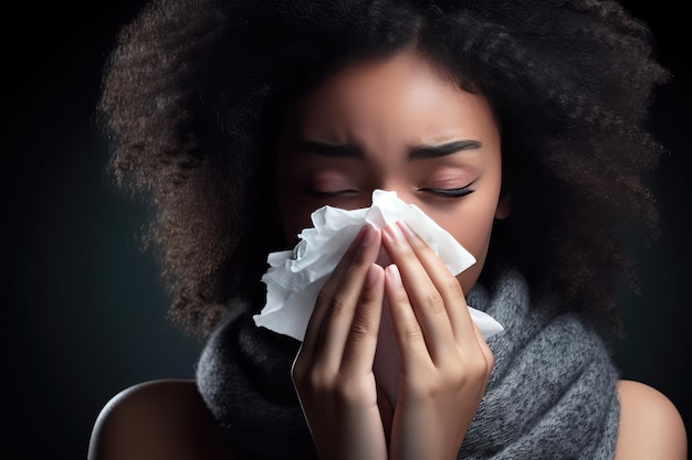 Młoda afroamerykańska kobieta z grypą wyssająca nos
