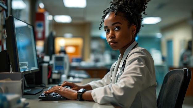Młoda afroamerykańska lekarzka używająca komputera w szpitalu Medycyna i opieka zdrowotna