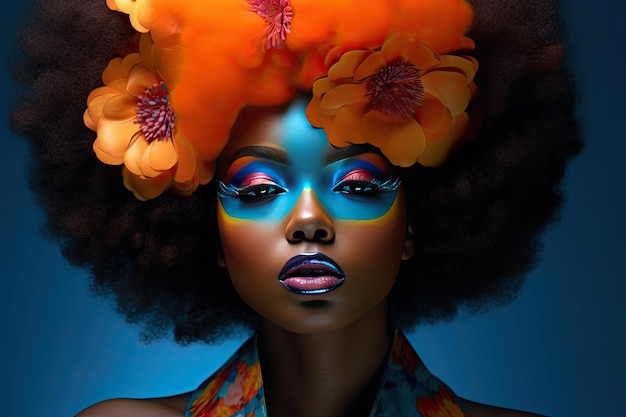 Młoda Afrykanka z kolorowym makijażem siedzi w ciemnym pokoju inspirowanym pop-artem i flower power z ciemnopomarańczowymi i jasnobłękitnymi tonami Idealny do współczesnego designu Generative AI