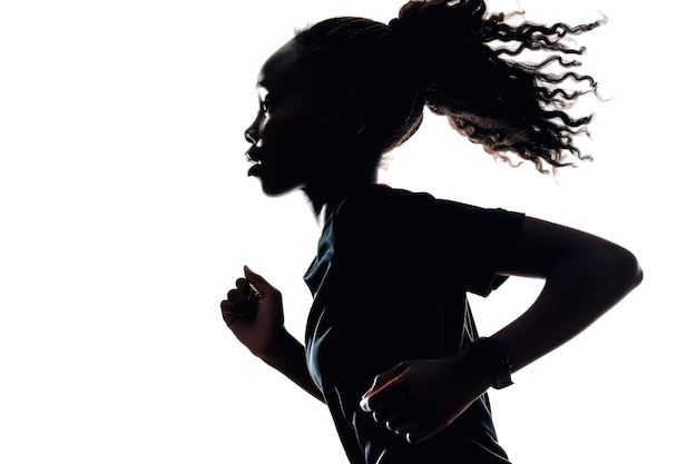 Młoda afrykańska dziewczyna biegnąca w sylwetce na białym tle Dynamiczny ruch Widok boczny