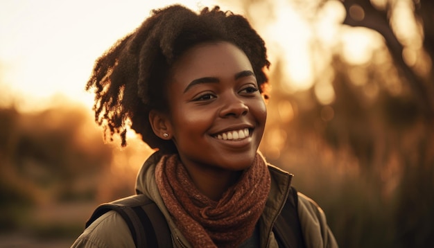 Młoda afrykańska kobieta uśmiecha się o zachodzie słońca