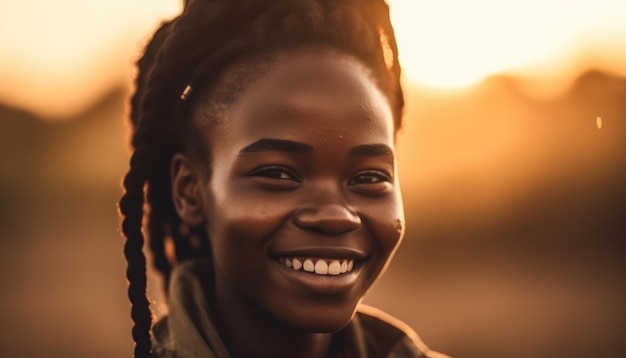 Młoda afrykańska kobieta uśmiecha się o zachodzie słońca
