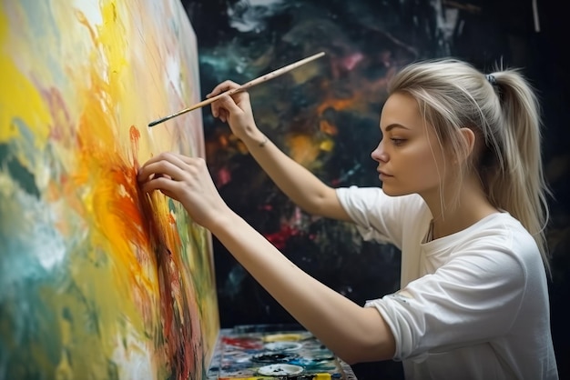 Zdjęcie młoda artystka maluje obraz na palecie farbami olejowymi generatywna sztuczna inteligencja