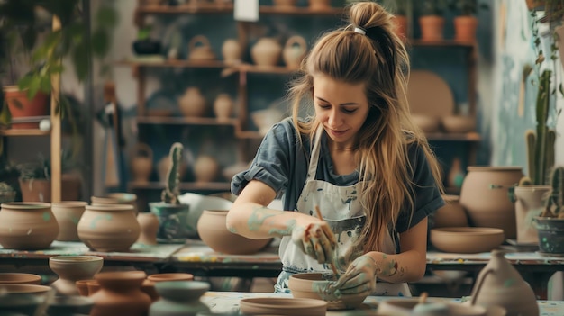 Młoda artystka pracuje w swoim studiu ceramicznym. Ostrożnie maluje ceramiczną miskę pędzlem.