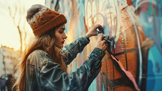Zdjęcie młoda artystka uliczna maluje ścianę graffiti, ma na sobie czapkę i dżinsową kurtkę.