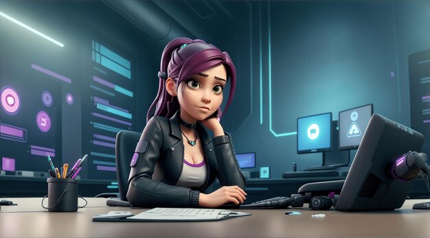 Zdjęcie młoda atrakcyjna bizneswoman w biurze pracująca nad komputerowym renderingiem 3d