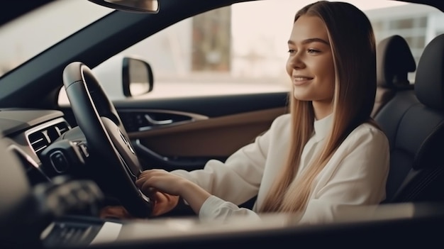 Młoda atrakcyjna kobieta prowadząca z ręką na kierownicy w widoku z boku Uśmiecha się podczas rozmowy z kierownikiem salonu samochodowego i generatywną sztuczną inteligencją