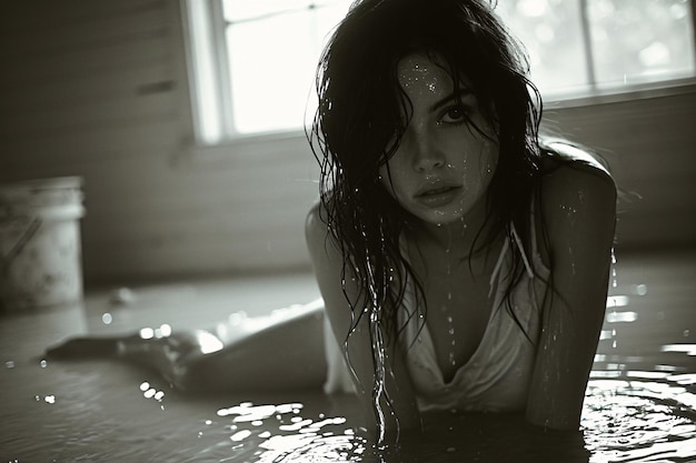Zdjęcie młoda atrakcyjna modelka z czarnymi włosami w deszczu.