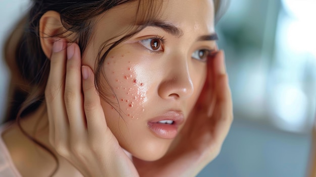 Młoda Azjatka patrząca w lustro Alergia na skórę Czerwone plamy lub wysypki na twarzy Piękno z problemów skórnych przez leczenie medyczne