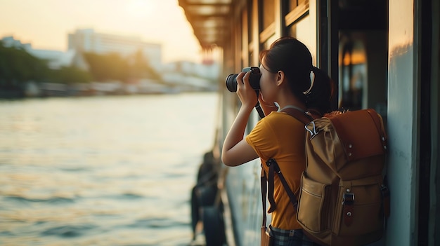 Młoda Azjatka podróżująca z plecakiem używająca kamery w przystani ekspresowej na Chao Phra Generative AI
