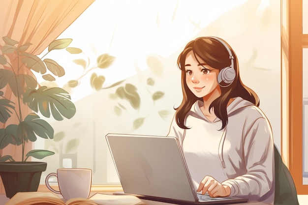Młoda Azjatka siedząca w domu z laptopem, przeglądająca strony internetowe lub studiująca.
