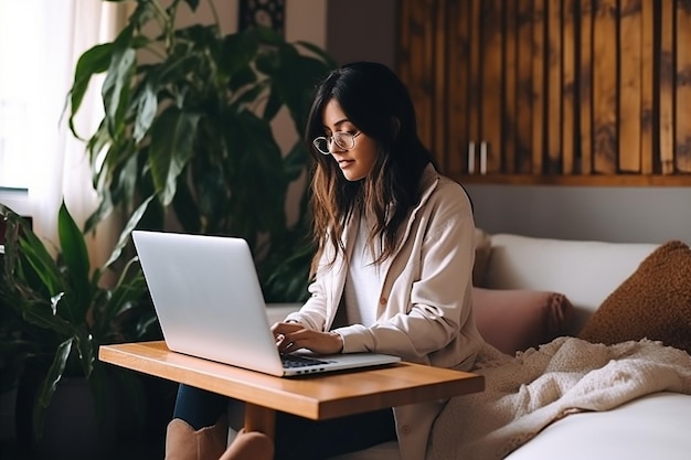 Młoda Azjatka siedząca w domu z laptopem, przeglądająca strony internetowe lub studiująca.