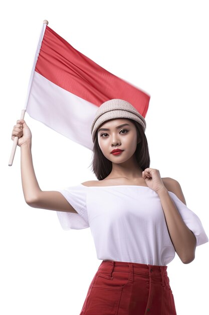 młoda Azjatka świętuje Dzień Niepodległości Indonezji trzymając flagę Indonezji