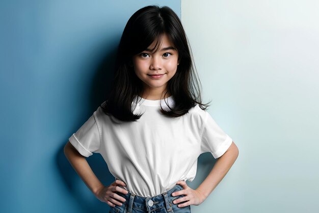 Młoda Azjatka z czarnymi włosami w białej koszulce na chłodnym niebiesko-białym tle Mockup