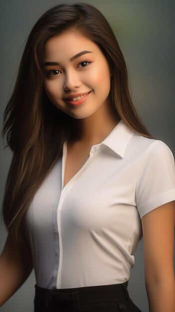 Młoda azjatycka kobieta, profesjonalna przedsiębiorca, stojąca w biurowej odzieży, uśmiechnięta i patrząca