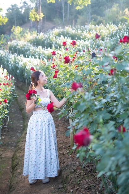 Młoda azjatycka kobieta ubrana w białą sukienkę pozuje z różą w ogrodzie różanym