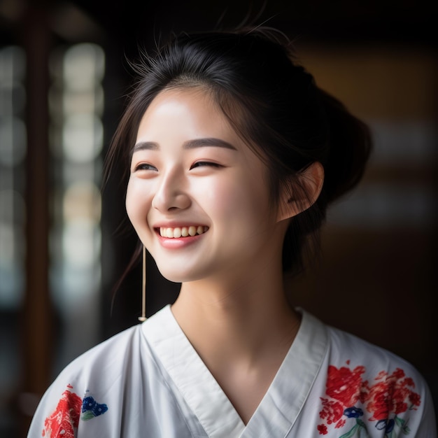 młoda azjatycka kobieta w kimonie uśmiecha się