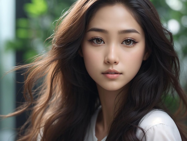 Młoda azjatycka kobieta z długimi włosami i naturalnym makijażem na twarzy ma pulchne usta i czystą, świeżą skórę