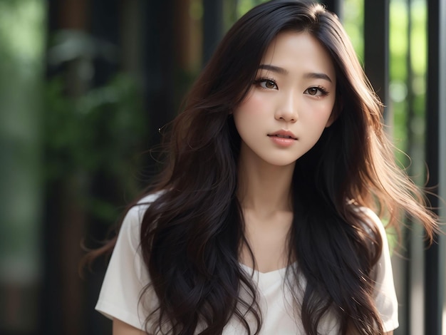 Młoda azjatycka kobieta z długimi włosami i naturalnym makijażem na twarzy ma pulchne usta i czystą, świeżą skórę