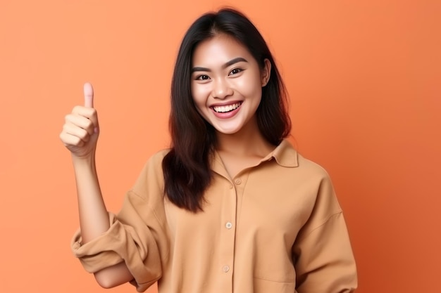 Młoda azjatycka kobieta z kciukiem na pomarańczowym tle