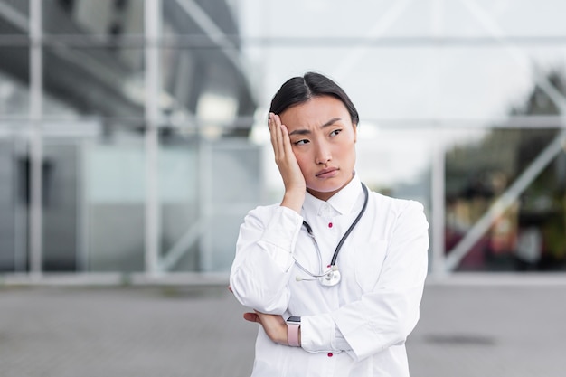 Młoda azjatycka lekarka w białej sukni medycznej w pobliżu kliniki, zmęczona przygnębiona, przerobiona po ciężkim dniu pracy w depresji