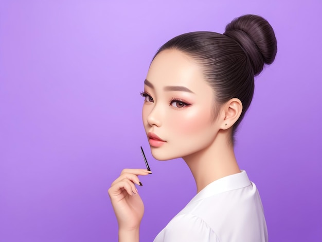 młoda azjatycka modelka piękna ułożyła kok włosy z naturalnym makijażem na twarzy i idealnie czystą