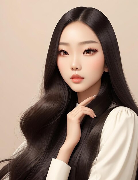 Młoda azjatycka piękna kobieta modeluje długie włosy z koreańskim makijażem na twarzy i idealną skórą na izolacie