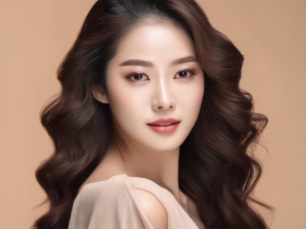 Młoda Azjatycka piękna kobieta z koreańskim stylem makijażu Doskonała skóra na odosobnionym beżowym tle