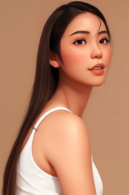 Młoda azjatycka piękność z modelowymi długimi włosami z koreańskim makijażem na twarzy i idealną skórą