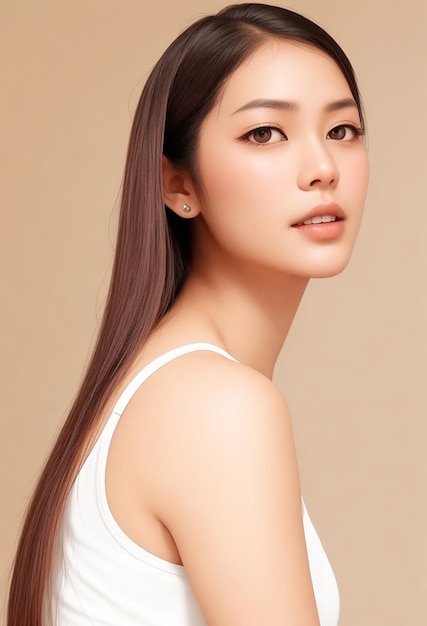 Młoda azjatycka piękność z modelowymi długimi włosami z koreańskim makijażem na twarzy i idealną skórą