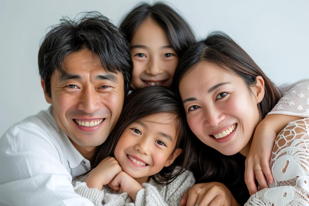 Młoda azjatycka rodzina cieszy się razem w domu pozując przed kamerą