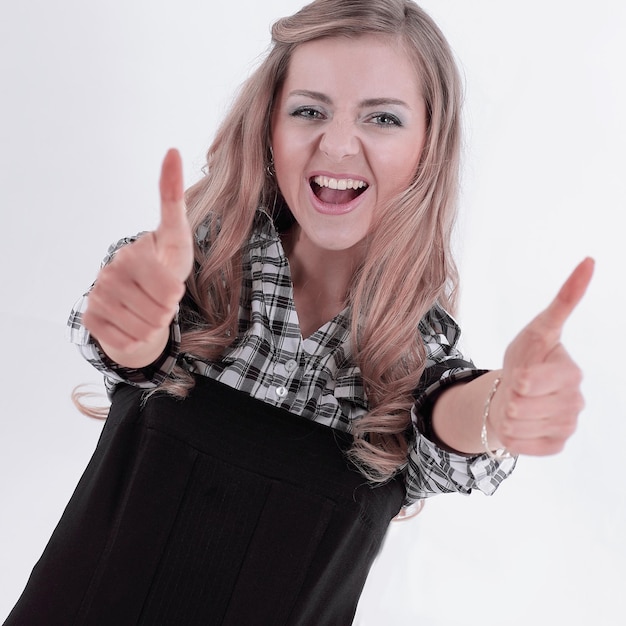 Zdjęcie młoda biznesowa kobieta pokazuje kciuk na białym tle