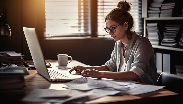 Młoda bizneswoman siedzi przy biurku za pomocą laptopa do komunikacji e-mailowej generowanej przez sztuczną inteligencję