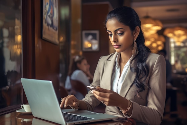 Młoda bizneswoman używa laptopa w restauracji lub kawiarni