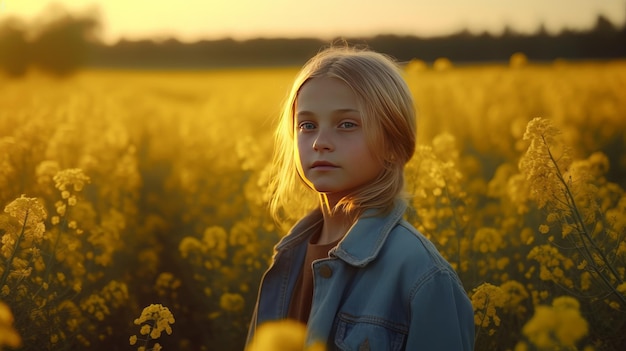 Młoda blond dziewczyna w żółtym polu o zachodzie słońca latem Generatywne ai