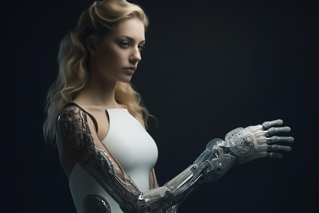 Młoda blond kaukazyjska kobieta z bioniczną i cybernetyczną protezą ramienia.