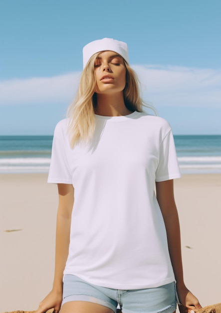 Młoda blondynka surfer kobieta ubrana w pustą białą koszulkę makiety na plaży zwykły biały Tee shirt