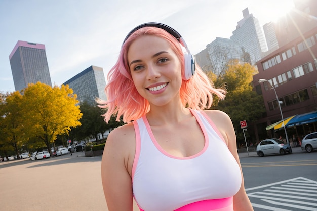 Młoda blondynka ubrana w odzież sportową słuchająca muzyki w parku
