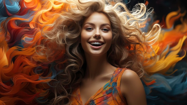 Młoda blondynka z kręconym uśmiechem Kobieta ciepła Ultra jasne kolory Zdjęcia tła Hd tapety