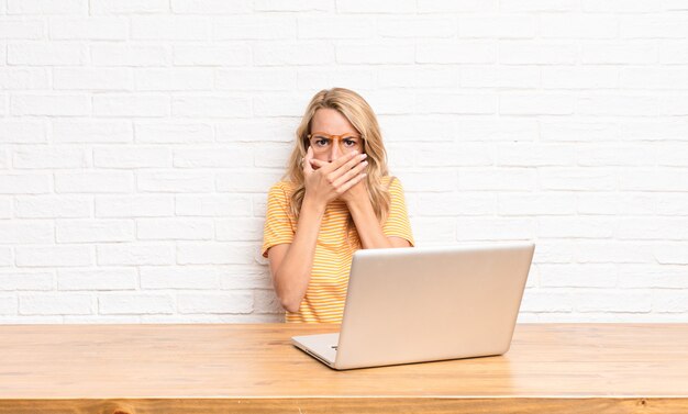 młoda blondynki dziewczyna przy laptopem zakrywa usta z rękami z zszokowanym wyrażeniem