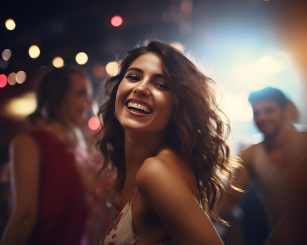 Młoda brunetka atrakcyjna dziewczyna tańczy z przyjaciółmi w klubie