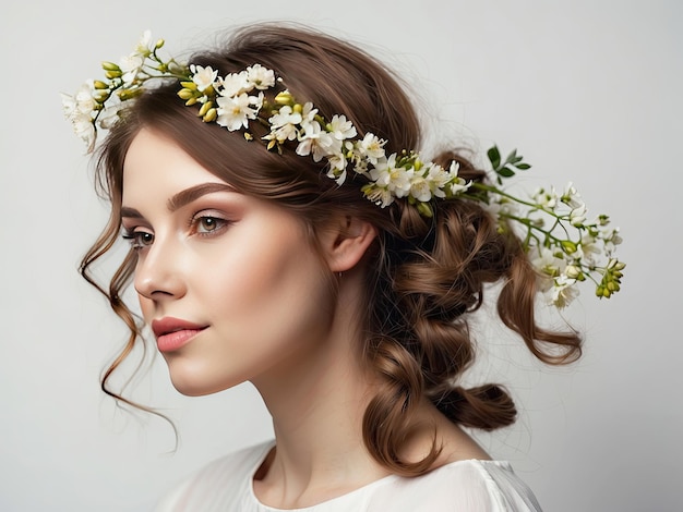 Młoda brunetka z fryzurą wiosennych kwiatów w włosach na białym tle kobiecy piękno portret makijaż fryzura stylista kobieca energia
